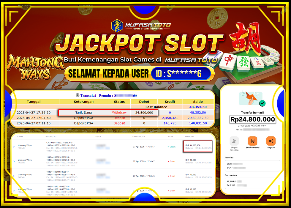MUFASATOTO JACKPOT PG SOFT Rp.24.800.000 | LUNAS